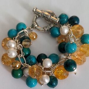 Multi-Color Gemstone Beaded Bracelet, Turquoise, Citrine, Azure malichite, New